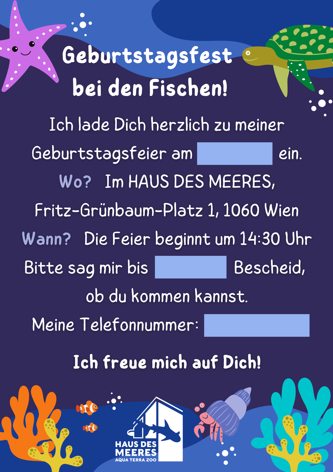 Kindergeburtstagseinladung Wassermotiv dunkel