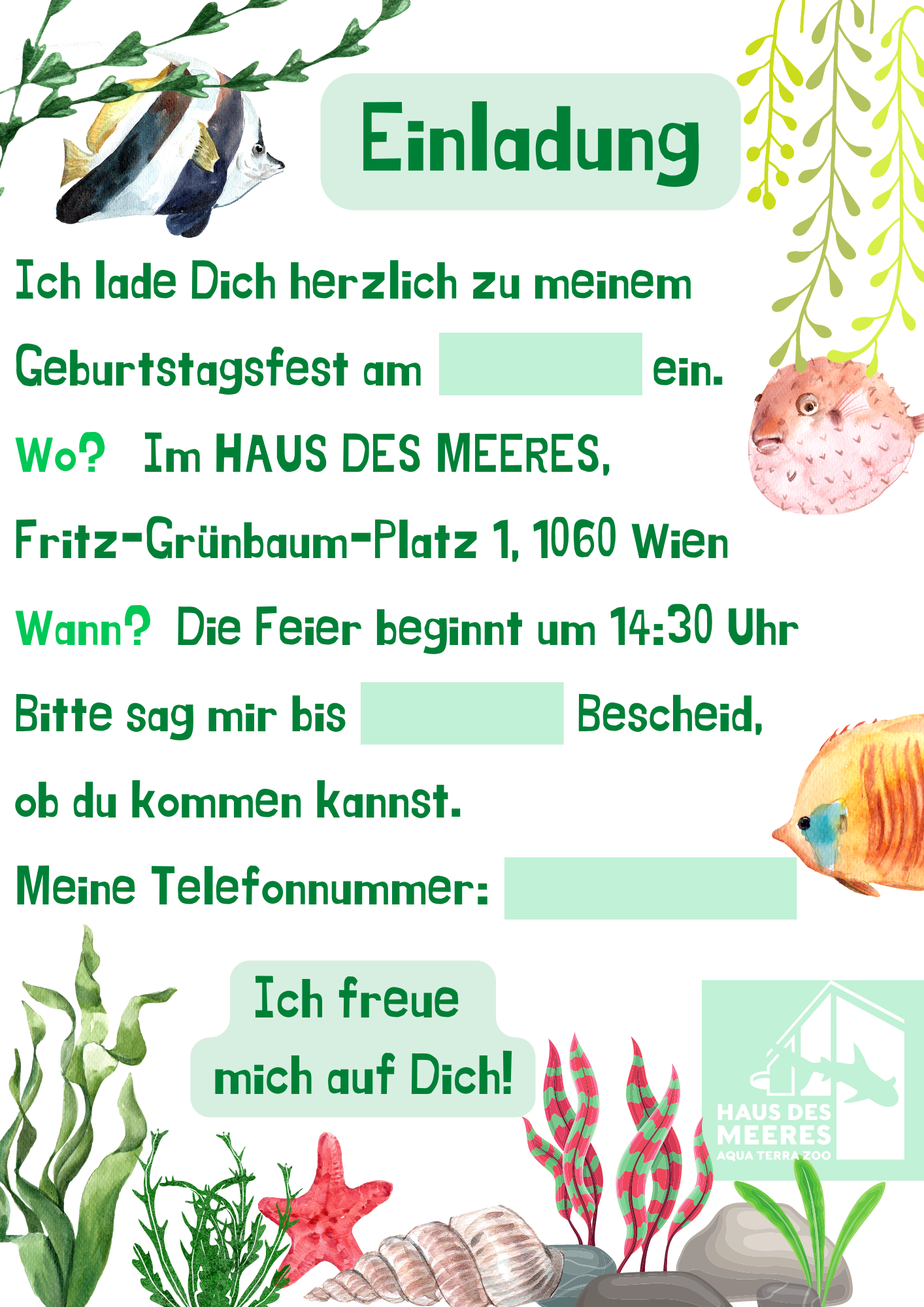 Kindergeburtstagseinladung Wassermotiv grün