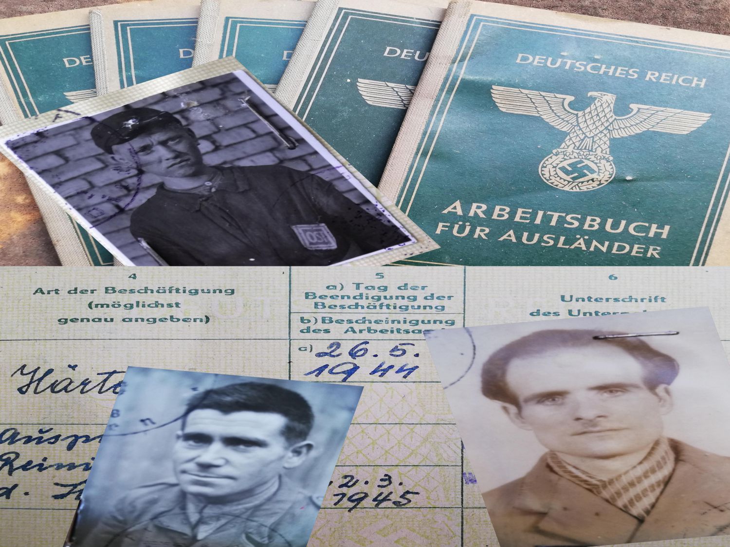 Ausstellungsstück Arbeitsbücher für Ausländer, Notizbuch mit Eintragungen und Fotos
